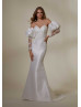 Ivory Lace Satin Elegant Wedding Dress With Detachable Sleeves Overskirt